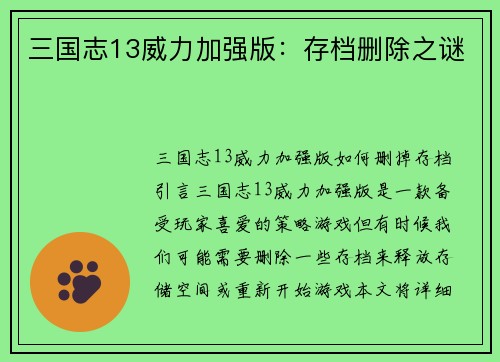 三国志13威力加强版：存档删除之谜